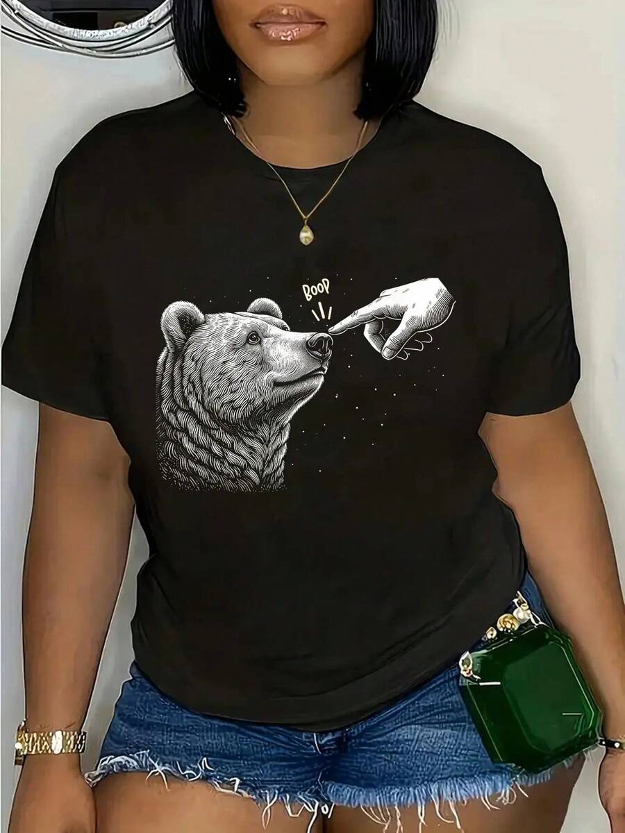 100% Cotton Boop Bear Black Grizzly Bears Cool Funny For Men Women T-Shirt Women's Men's Summer Vacation Soft Tee Relaxed Fit Classic Comfort Tops - 黑色 - 查看 1