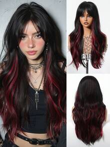Topshe Ava WIGS 26吋紅色漸層黑色合成假髮，附瀏海，無需黏膠，耐熱，無蕾絲，黑色與紅色長波浪假髮，適合女性日常、派對、Cosplay、節日禮物、時尚選擇、萬聖節 - 拼色 - 查看 3
