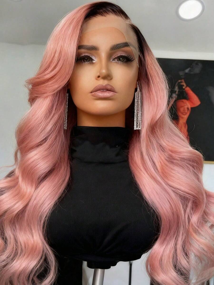 Ombre Pink With Dark Roots 13x4x1 Lace Front Wigs Human Hair Body Wave Human Hair Wigs For Women T Part Wig Human Hair Natural Hairline 250 Density Pink Colored Water Wave Wig Natural Looking - 根染&漸變色 - 查看 1
