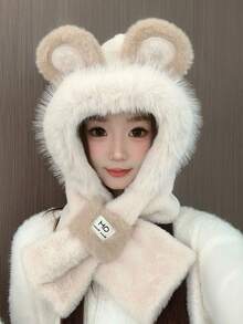 Süßer kleiner Bären Hut und Schal in einem, Damen Herbst und Winter neue vielseitige, dicke, warme und kälteresistente Reit-Plüschschal, Mädchen Cartoon Outdoor Festival regulärer gestrickter Hut, für Weihnachten