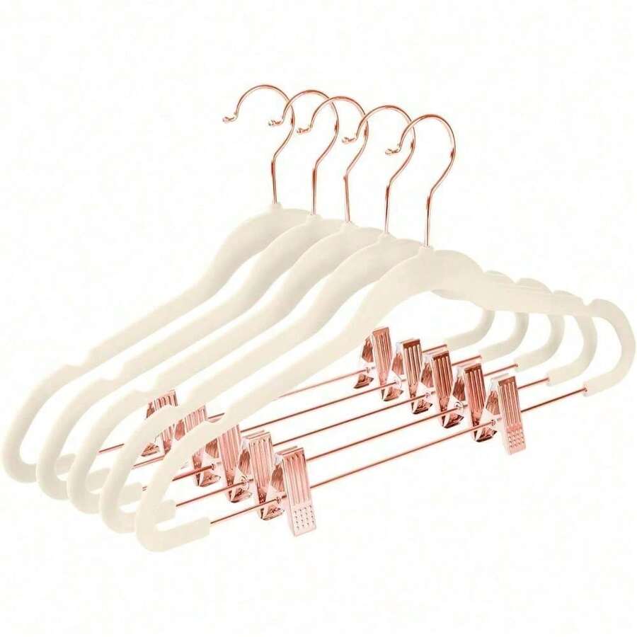 Premium All Black Velvet Pants Hangers With Adjustable Clips (Pack Of 20) Slim Skirt Hangers- Non Slip Felt Outfit Dress- Black Hooks,Space Saving Shirt Clothes -END - 象牙色/玫瑰金 - 查看 1
