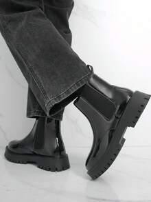 New Versatile Fashion Solid Color Punk Party Preppy School Uniform Style Faux Leather Chelsea Boots, Suitable For Holidays, Weddings, School, Vacation, Parties, All Seasons - Black - View 8