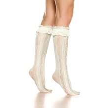 Benefeet Sox Lace Knee High Socks Women Girls Patterned Mesh Fishnet Knee High Stockings Hollow Calf Lolita Sock{"Color_name":"CreamyYellow-LaceRuffleHeart"} - 奶油黃蕾絲荷葉邊心形 - 查看 9