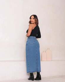 Destroyed Jeans Midi Skirt With Elastane And Front Slit - Medium Blue - View 4