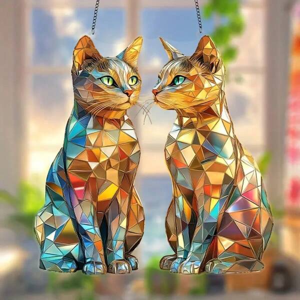 1 pezzo Cacciatore solare geometrico a forma di gatto, 20cm x 20cm, decorazione da parete a tema animale, regalo di Natale unico, decorazione moderna per ufficio, opera d'arte festiva, decorazione per casa e giardino