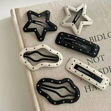 6pcs Faux Leather Polka Dot Hair Clips, Cute Black & White Polka Dot Print, Hair Slide, Hair Barrettes