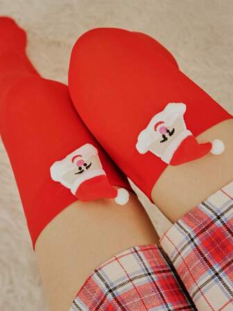 1 双女士红色圣诞老人娃娃过膝袜，适合圣诞节装扮、礼物、COS 派对