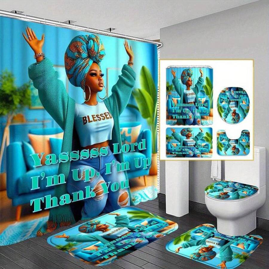 African American Woman Pattern Bathroom Accessories, 4 Counts/Set Including Shower Curtain & Toilet U-Shape Mat & Bathroom Mat & Toilet Lid Cover, Bathroom Decor Supplies, Bathroom Decor - 藍色+綠色+棕色+白色. - 查看 1