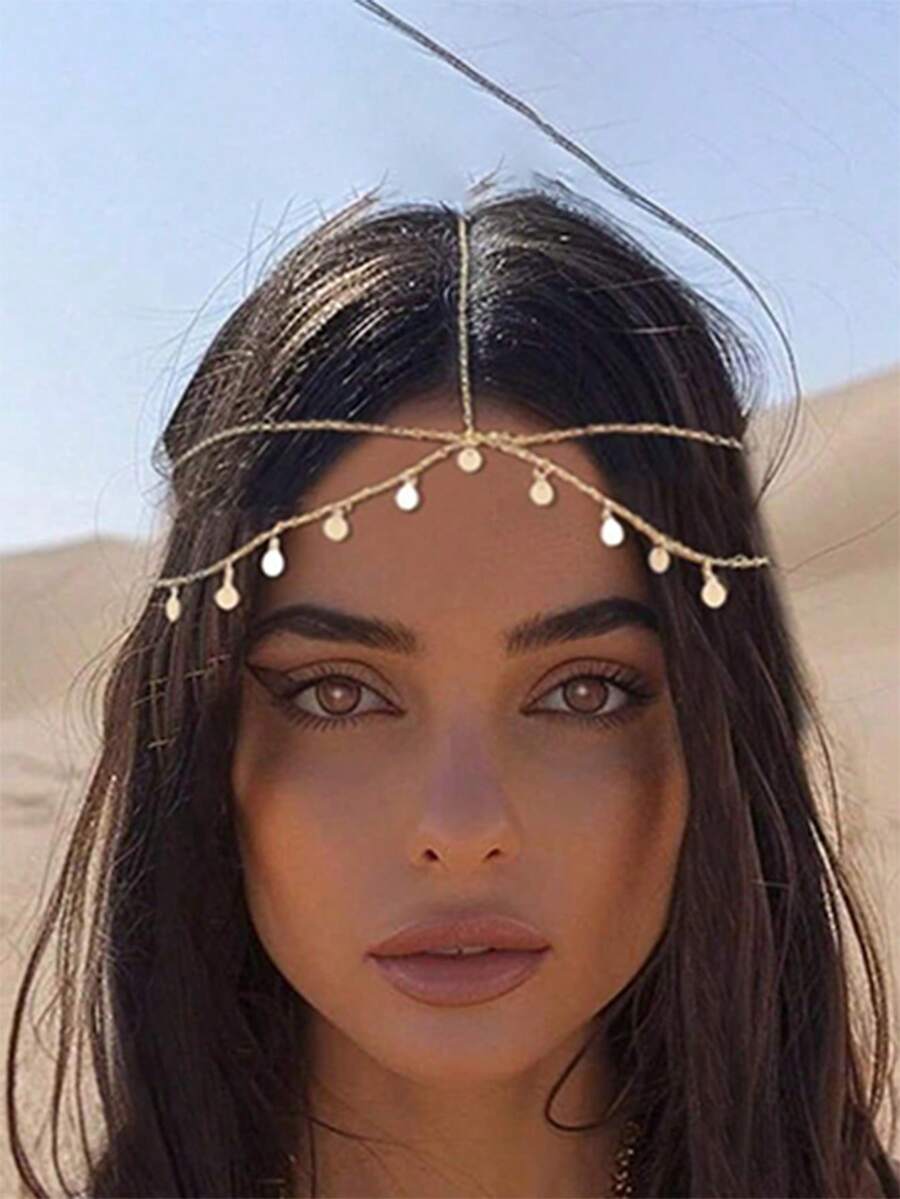 1pc Elegant Vintage Sequins Wave Headband With Tassel - Ideal For Party And Holiday, Women Metal Hair Accessories, Round Disc Quantity Random Hair Chain Head Jewelry Head Pieces Jewelry Hair Jewelry Hair Vine Chain, Hair Jewellery, Y2k Outfit, Wedding - 金色 - 查看 1