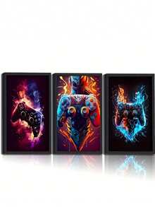 3 Pieces Video Gaming Controller Wall Art - Game Poster Prints - Playroom Wall Decor - Suitable For Bedroom Decoration - No Framed - Artist Canvas - Polyester Material - Multicolor - View 1