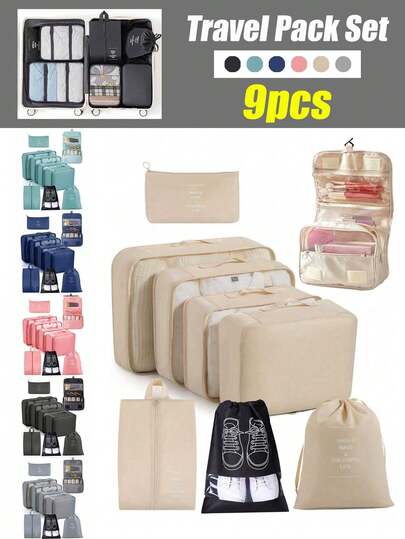 1/9pcs Travel Organizer Bags, Large Capacity Luggage Packing Cubes, Clothes Storage Bags, Cosmetic Bags, Multi-Functional Makeup Brush Holder, Suitcase Password Box, Bathroom Storage Bags, Suitable For Autumn/Winter