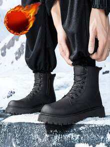 1 双男女款冬季新款黑色毛绒保暖高帮皮鞋靴子，时尚朋克系带圆头毛茸茸室内靴，比常规尺码大一码 - 黑色 - 查看 12