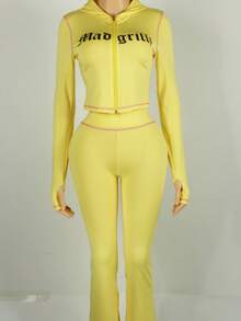 Bộ áo hoodie dài tay nữ in họa tiết, có khóa kéo, thích hợp cho du lịch và dã ngoại, phối cùng quần thể thao thoải mái, trang phục mùa thu xuân. - Màu vàng - Xem 2