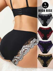 4 件套花卉蕾丝棉质内裤，性感舒适透气弹力内衣内裤 - 彩色 - 查看 3