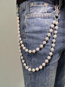 1pc Fashion Street Hip-Hop Pants Chain, Handmade Ceramic Rhinestone Ball Waist Chain, Unisex Body Chain Accessory For Daily Wear (Friendly Reminder: This Is A Handmade Chain, Occasional Detachment Is Normal, Can Be Re-Assembled) - trắng - Xem 2