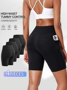 4pcs Women's Outdoor Shorts With Pockets, High Elastic Quick-Dry Breathable Sports Shorts For Running, Workout, Pilates, Yoga, Cycling, Soft And Comfortable Compression Waist Shorts - Black - View 2