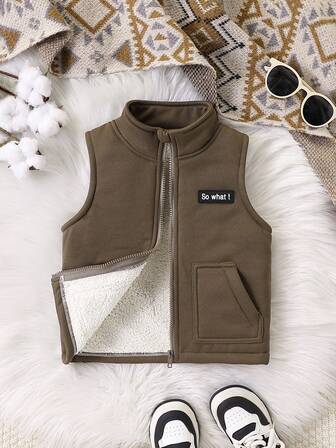 Young Boys' Fashion Casual Knitted Thermal Lined Vest With Zipper Pockets, Winter