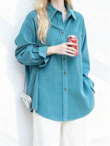 Blue Corduroy Shirt, Loose Fit, Versatile, Long Sleeve Jacket, Spring/Autumn