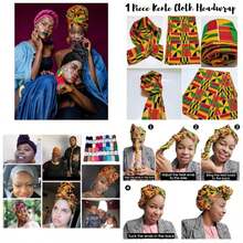 Ankara African Print Soft Headwraps Headband Long Hair Wrap Scarf Turban Tie Jersey Knit African Wraps - 1. 肯特布綠,黑,橙 - 查看 1