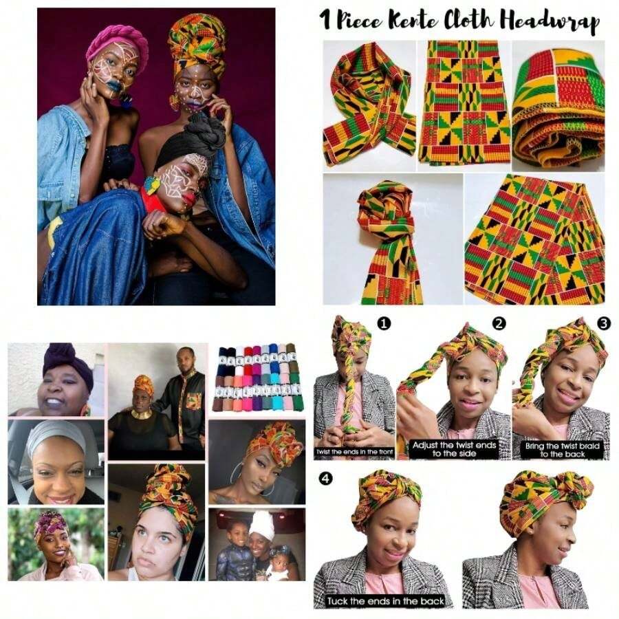 Ankara African Print Soft Headwraps Headband Long Hair Wrap Scarf Turban Tie Jersey Knit African Wraps - 1. 肯特布綠,黑,橙 - 查看 1