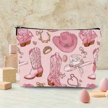 Botas y sombrero de vaquero rosa y bolsa de maquillaje con estampado de lazo y cremallera, bolsa de cosméticos y bolsa de aseo - Bolsa de medicina reutilizable de estilo vaquero occidental, bolsa de almacenamiento de estética universitaria para bolígrafos, bolsa de viaje y maquillaje - Para la escuela, la decoración del hogar de verano, la bolsa de aperitivos de 9 "x 6" Bolsa de maquillaje, neceser, bolsa de cosméticos, bolsa de lavado, artículos esenciales de viaje, artículos esenciales de vacaciones para hombres y mujeres