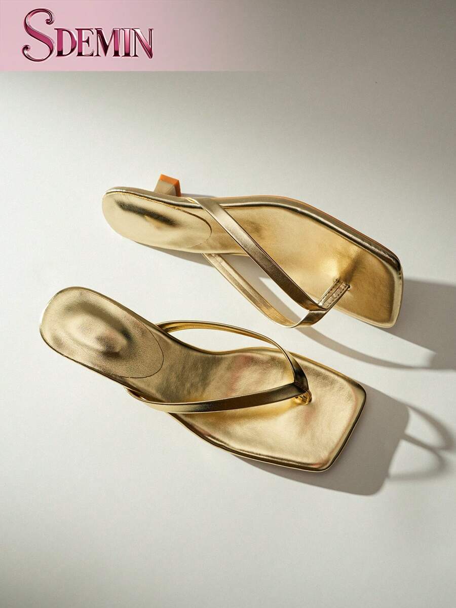 SDEMIN Summer New Arrival Women's Solid Color Slippers, Elegant Vacation Shoes, Casual Beach High Heels Sandals, Fashionable Easy-On Heels For Dress - 金色 - 查看 1