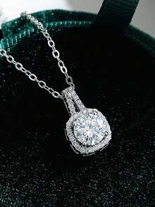 1pc 1-2 Carat Elegant Minimalist T-Shape Square Moissanite Necklace, 925 Sterling Silver, Engagement Gift For Her, Best Friend Birthday Gift - Silver - View 7