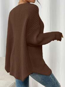 Plus Size Women V-Neck Drop Shoulder Long Sleeve Loose Casual Knit Sweater, Back To School Season Fall - Coffee Brown - View 3