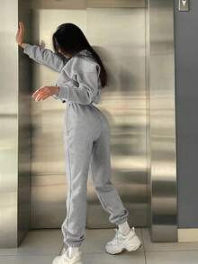 Set de 2 piezas de mujer con sudadera con capucha y pantalones de chándal de unicolor, para otoño/invierno - Gris - Ver 2