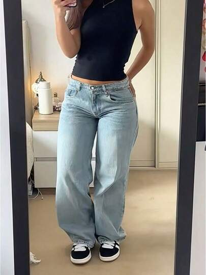 Jeans de pierna ancha casual para mujer, tela de mezclilla con estiramiento medio