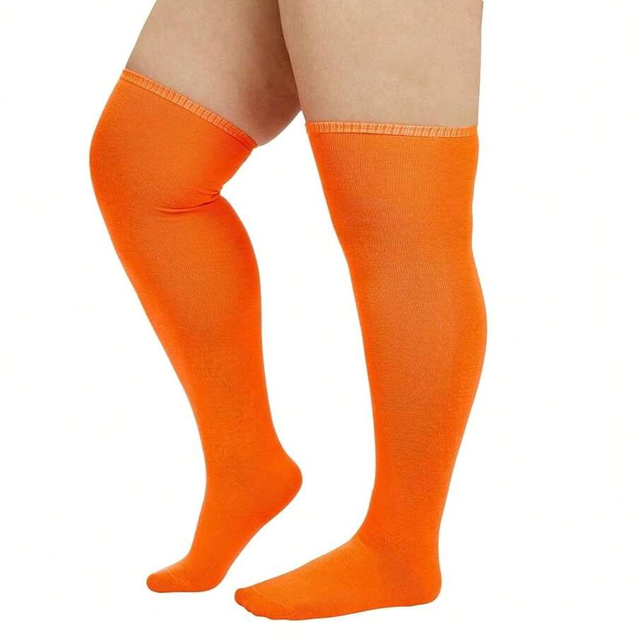 Zando Plus Size Thigh High Socks For Thick Thighs Women Striped Thigh High Stockings Over The Knee Socks Leg Warmers{"Size_name":"OneSize","Color_name":"Orange"} - 橘子 - 查看 1
