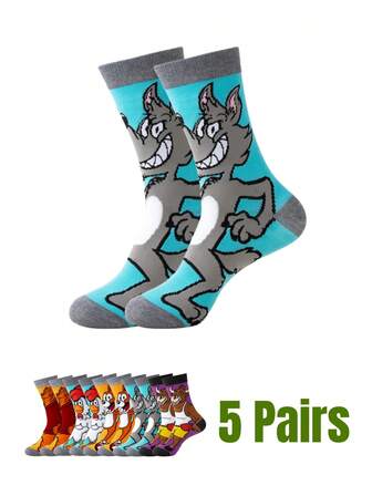 suprsocks 5 Pairs Women's Fashion Cartoon Pattern Round-Neck Socks, Comfortable, Casual, Street Style, Unisex Socks, Suitable For Men's Outdoor Wear In All Seasons, Unisex, Suitable For Men's Sports And Casual Wear, Suitable For Teenagers