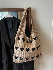 Época de Regresso às Aulas, Bolsa de Compras Tricotada Minimalista de Grande Capacidade com Decoração de Coração para Mulher, Mala de Mão Casual e Mala de Viagem, Carteira de Coração, Combinação Perfeita para Vestido do Dia dos Namorados, Mala de Praia Chamativa, Mala de Praia para Primavera Verão Outono Inverno, Adequada para Uso Casual Diário e Férias na Praia - Caqui - Ver 9