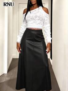 RNU 女士黑色PU皮拉链A字裙，适合情人节、狂欢派对、婚礼等场合，优雅百搭，也适合春夏外出、优雅派对、秋季、鸡尾酒会等场合，时尚优雅，休闲百搭，棕色裙子，春夏款 - 黑色 - 查看 3