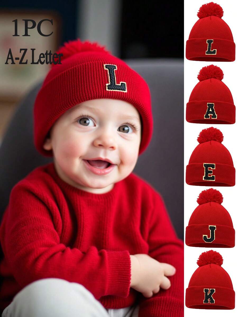 1pc Baby Letter Knit Hat, Soft, Warm And Comfortable, Suitable For Boys And Girls To Wear Outdoors In Autumn And Winter - Red 2 - View 1
