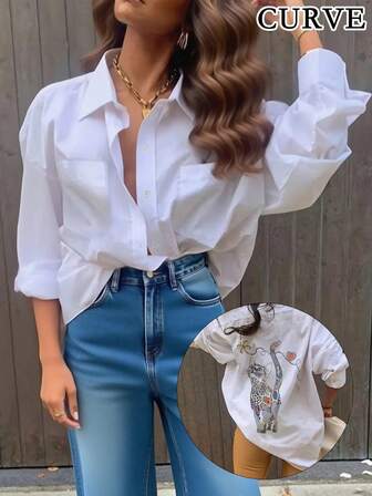 Camisa larga holgada con estampado de gatitos para mujer talla grande