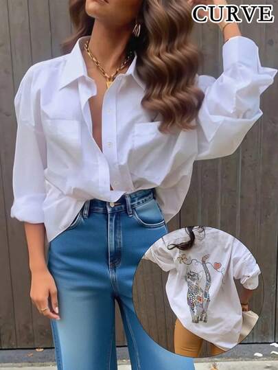 Plus Women's Kitten Pattern Printed Loose Long Shirt