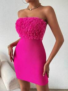 Vestido mini de cóctel sexy rosa sin tirantes y ajustado con detalle de piel sintética para mujer - Rosa Fucsia - Ver 6