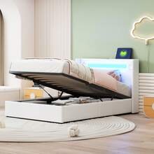 Polsterbett Kinderbett 90x200 Bett mit LED-Lichtleiste, Bluetooth-Player und USB-Aufladung, PU-Leder-Aufbewahrungsbett, Hochbettkasten, Jugendbett mit Lattenrost