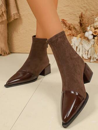 1 双女士时尚尖头踝靴，弹性面料，纯色性感粗跟鞋头设计休闲户外靴