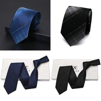 1 条新款男士商务领带，四种颜色和多种图案可选（格纹/条纹/方格/纯色），经典黑色、蓝色和棕色配色方案，适合正式通勤和多功能配饰