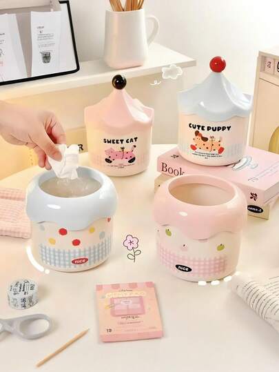 1pc Cute Cartoon Desktop Stationery Storage Bucket With Mini Storage Box Design, High-Quality Office Dorm Room Desktop Organizer Trash Can Container For Desk Space, Kawaii Pencil Holder Caddy Accessories