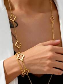 1pc 2025 New Minimalist Long Hollow Four-Leaf Clover Necklace, Elegant Gold Lucky Grass Chain Necklace For Women