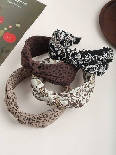 1pc Retro Elegant Fabric Cashew Flower & Leopard Print Knotted Headband, Versatile Wide-Brim Hair Hoop Suitable For Daily Use, Makeup, And Parties ,Hairband For Women