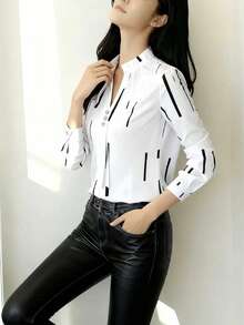 Elegant Long Sleeve Top With Red And Navy Stripes, Machine Washable Non-Fitted Fabric For Spring And Autumn, Versatile Casual To Formal Wear Black - Black - View 6