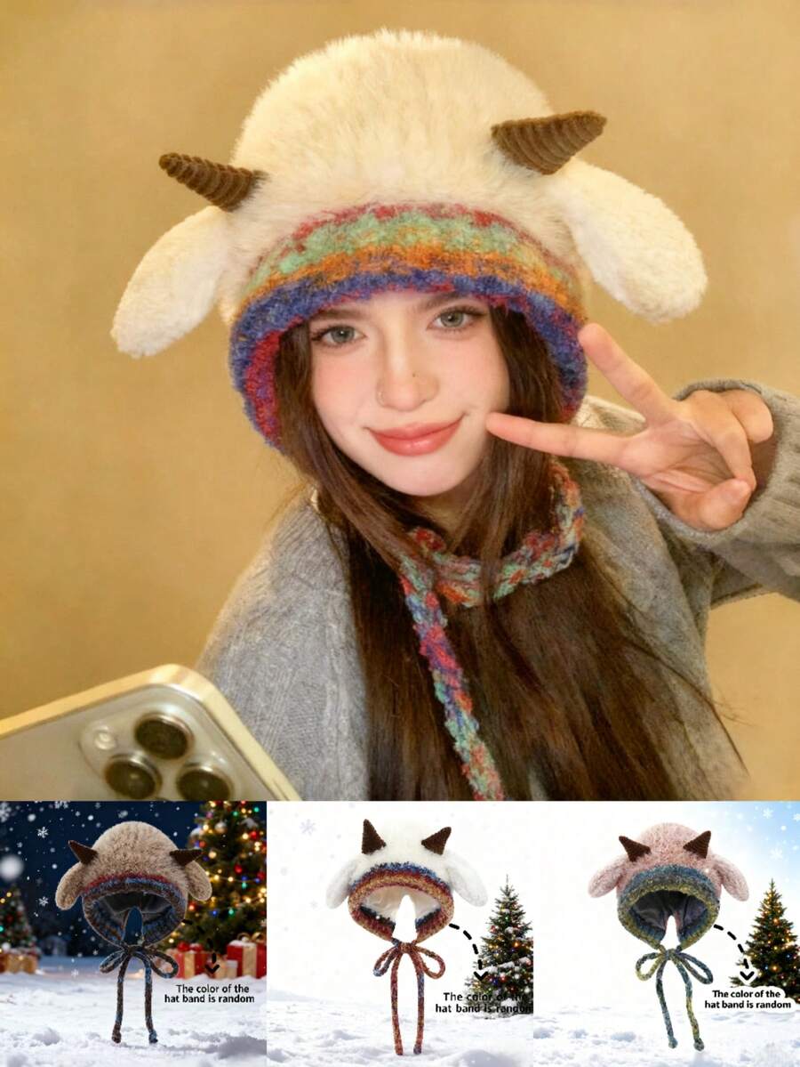 Ein süßer, modischer und vielseitiger gestrickter Hut mit Riemen für eine pelzige Weihnachts-Outdoor-Reise-Party für Damen, Mädchen und Studenten, um sich warm zu halten, die Ohren zu schützen und im Winter warm zu bleiben