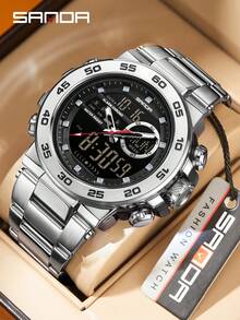 Đồng hồ điện tử nam SANDA 6296 thời trang mới, đồng hồ thể thao đa chức năng chống nước mặt lớn ba kim. - Bạc - Xem 1