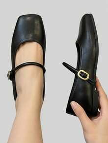 Women's Square Toe Mary Jane Black Retro Flat Shoes, Comfortable Strap Breathable Flat Shoes With Cold Glue Craft