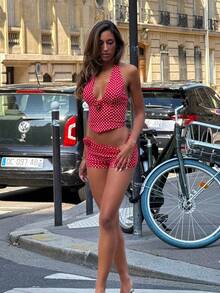 Women's Two-Piece Polka Dot Printed Open Neck Vest And Matching Tight Shorts Set - Đỏ - Xem 6