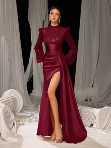 优雅缎面亮片高领晚礼服 - 泡泡袖，侧开衩缎面裙摆 - 完美适用于婚礼、盛大晚宴、正式晚宴、颁奖典礼和新年庆祝活动 - 酒紅色 - 查看 3